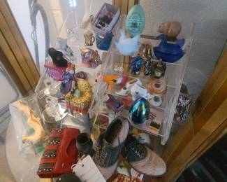 Vintage collectible shoes, trinkets, knick knacks.