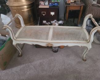 French Provincial Bench / Settee Distressed White Gold Accent
