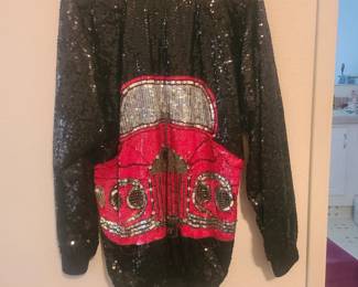 100% silk, sequin jacket with red Rolls Royse, size M.