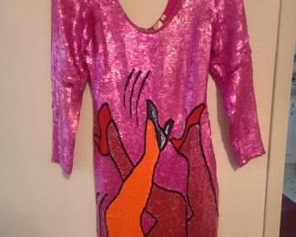 1980s Philippe Albert Size 4 100% Silk, sequin hot pink dancing legs party dress.