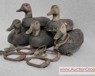1 5 Herters Antique Balsa Decoys each with Herters Bottom Weights, Horse Collar weights marked Herters Waseca Minn, and Glass Eyes