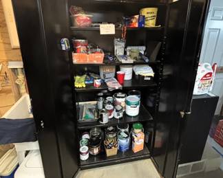 Black metal cabinet w/shelves. Various painting supplies.