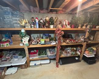 Various Christmas decorations, storage containers.