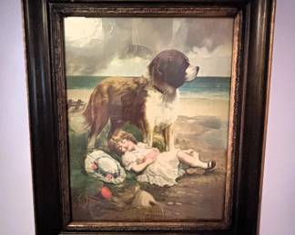 Framed picture of dog and girl.
