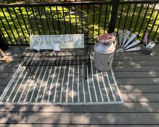 Outdoor rug, metal chair, milk bucket, misc.