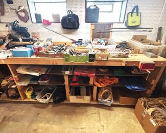 Variety of tools, box of cane chair caning material, misc.