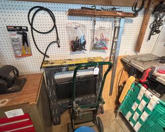 Pair of Stanley foldable saw horses, misc.