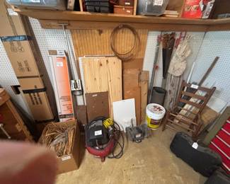 Scrap woods, Porter cable air compressor, box of 48" fluorescent light bulbs, hardwood flooring,