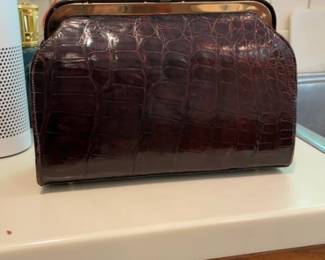 Vintage Brown Crocodile Embossed Frame Clutch Bag