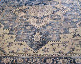 8' X 11' Distressed Blue and Ivory