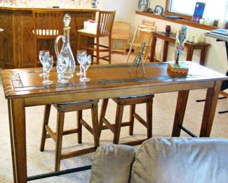 Traditional Wood Table w/ 2 Stools and Slate Accents