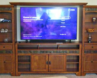 Traditional Wood Entertainment Wall Unit with Slate Tile Accents