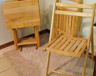 Solid Wood Folding Chairs in a natural finish - TV Trays with a Matching Storage Stand