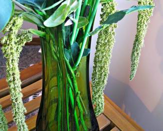 Vintage Midcentury Green Glass Tall Vase / Silk Flowers