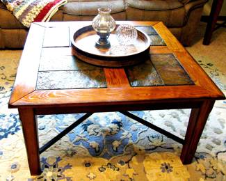 Traditional Wood Matching Square Coffee Table with Slate Accents