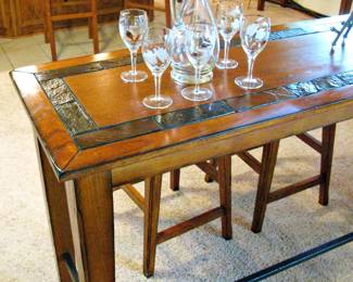 Traditional Wood Table w/ 2 Stools and Slate Accents