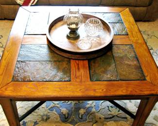 Traditional Wood Matching Square Coffee Table with Slate Accents