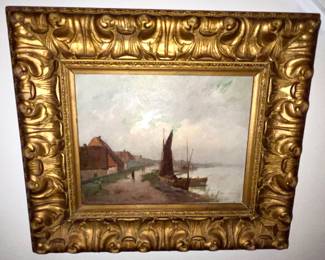 82. Old Boats & Village Framed Oil Painting