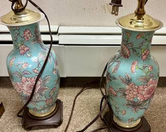 118. Pair of Turquoise & Pink Floral Table Lamps