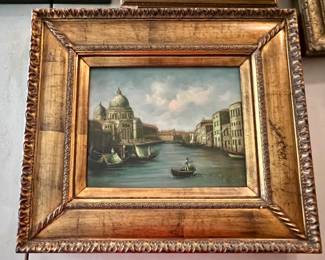 4. Gold Framed Signed Oil Painting of Boat & Village
