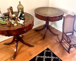 75. Pair of Leather Top Round "Drum" Pedestal Tables w/ Drawer.   76. Antique Children's Rocker w/ Cane Seat