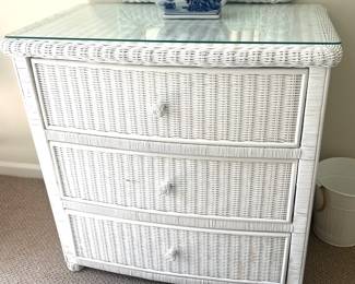 43. White Wicker 3 Drawer Dresser w/ Glass Top