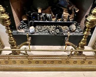 74. Brass Fireplace Tools (Apron, Andirons, Tools, Screen)