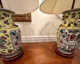 81. Pair of Yellow Chinese Rose Medallion Vases Converted to Lamps
