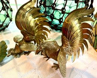 148.Pair of Fighting Roosters Brass Figurines Mid Century Style