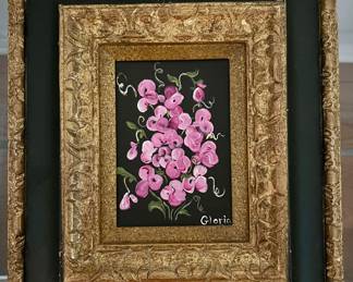 7. Gold & Black Frame, Oil Painting of Pink Flowers Signed Gloria