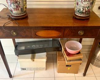 80. Antique Mahogany Inlaid 2 Drawer Credenza