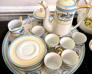 142. Vintage Japanese Blue Band Flowers Full Coffee/Tea Set w/ Tray, 17 pc. 