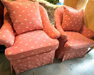 26. Pair of Red Lee Jofa Swivel Armchairs
