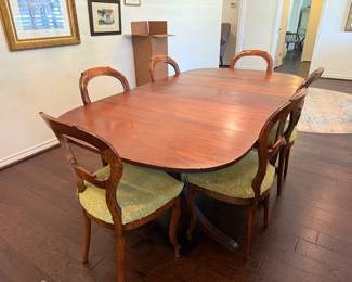 Wood Dining Table with 6 Antique French Balloon Back Chairs