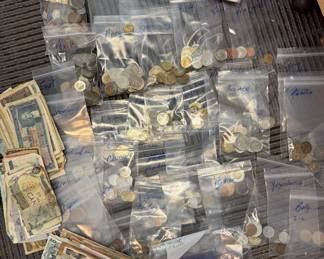 Foreign Coins placed in bags per country 