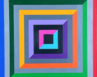“Offset″, an original acrylic on canvas by listed artist, Camilo Requejo. Measures in frame, 21” H X 21” W. Requejo (1976-) is a Mexican-Spanish architect living in the US with more than 20 years of experience in design and construction, including several residential projects, sports, and medical facilities. Requejo started collecting art from recognized painters and sculptors for the past four years, waking up in him the desire of exploring and transporting his architectural style into art manifestation; combining geometric shapes with color combinations into the canvas.