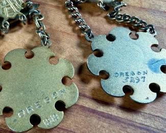This lot features a pair of Odd Fellows enamel medals or brooches from Oregon in very good condition.