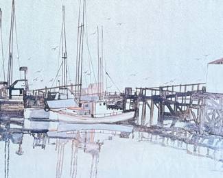 "Harbor Scene", a print by listed artist, James Floyd Clymer circa 1970s. Professionally framed, signed lower right, and measures in frame, 19.75” H x 25.75” W.