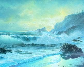 “Misty”, an original oil on canvas by listed artist, Larry Vorhees. Signed lower left, professionally framed, and measures in frame, 33.5” H x 57.5” W.