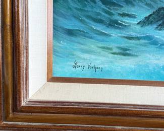 “Misty”, an original oil on canvas by listed artist, Larry Vorhees. Signed lower left, professionally framed, and measures in frame, 33.5” H x 57.5” W.