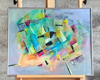 This lot features a vibrant abstract mixed-media painting by an unknown artist. Comes professionally framed and measures in frame, 22” H x 27” W.