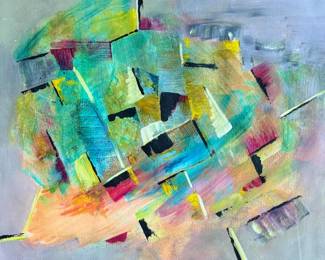 This lot features a vibrant abstract mixed-media painting by an unknown artist. Comes professionally framed and measures in frame, 22” H x 27” W.
