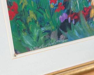 "Artist’s Garden", an original work of art by listed artist, Satsuko Hamilton. Signed lower left, professionally framed, and measures in frame, 27” H x 36” W. Satsuko Hamilton was born in Nagoya, Japan, where she studied traditional flower arranging and the Tea Ceremony. As a young girl growing up in Japan, Satsuko was trained to paint designs on pottery in her parents’ ceramic factory. Her ability for composition and technical application led her to begin painting on paper and canvas. Her explorations in the field of art continued when she married George Hamilton, now a well known artist and teacher who brought her to the U.S.