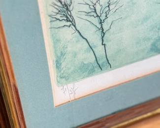 "French Winter", a limited edition lithograph by listed French artist, Bernard Gantner. Signed lower right, professionally framed, and measures in frame, 17” H x 14” W. COA attached on the verso as shown in photos.