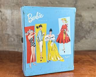 This lot features a vintage 1961 Mattel Barbie Ponytail carrying case full of barbies and accessories.