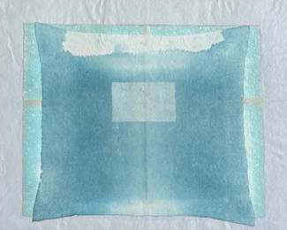 “Crossing Blue Green”, an original mixed media work of art by listed artist, Andrea Way. This piece measures in frame, 38.25” H x 54.25” W. Andrea Way is an American artist currently based in Washington, D.C. Her geometric abstract works stem from a personal fascination with patterns and are based on a system of order and randomness that are labor-intensive, with a “punishing complexity”.