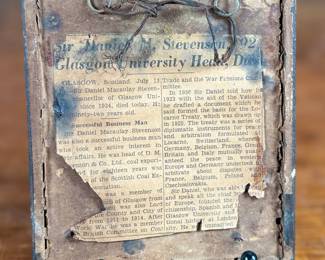 This lot features an antique hand-tinted photograph of Sir Daniel M. Stevenson, held in a frame with an article attached to the verso as shown in photos. This photograph measures in frame, 8” H x 5” W. Sir Daniel Macaulay Stevenson, 1st Baronet (1 August 1851 – 11 July 1944), was a Scottish politician, businessman and philanthropist, and former Chancellor of the University of Glasgow. His brother was Robert Macaulay Stevenson, a painter associated with the Glasgow Boys.