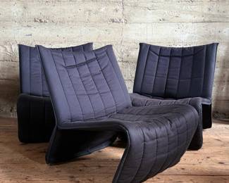 This lot features three (3) Kebe Ribbon Chairs designed by Niels Bendtsen in 1975, featuring a black tubular steel frame and quilted fabric. Each chair measures, 28” H x 25” W x 29” D.