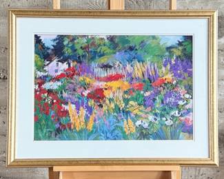 "Artist’s Garden", an original work of art by listed artist, Satsuko Hamilton. Signed lower left, professionally framed, and measures in frame, 27” H x 36” W. Satsuko Hamilton was born in Nagoya, Japan, where she studied traditional flower arranging and the Tea Ceremony. As a young girl growing up in Japan, Satsuko was trained to paint designs on pottery in her parents’ ceramic factory. Her ability for composition and technical application led her to begin painting on paper and canvas. Her explorations in the field of art continued when she married George Hamilton, now a well known artist and teacher who brought her to the U.S.