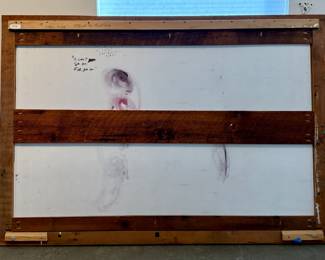 “I Can’t Go On”, an original work of art on board by listed Oregon artist, David Slader. Signed and housed in a solid wood frame with a small notecard included as shown in photos. Measures in frame, 54.5” H x 78” W. David Slader is an Oregon painter, digital artist, sculptor, and photographer. His youthful art ambitions were detoured by an almost forty-year career as a litigator, child-advocate, and attorney for survivors of sexual abuse. Those experiences are reflected in David’s art in a distinctive visual blend of vibrant energy, thoughtful reflection and playfulness. HEAVY!